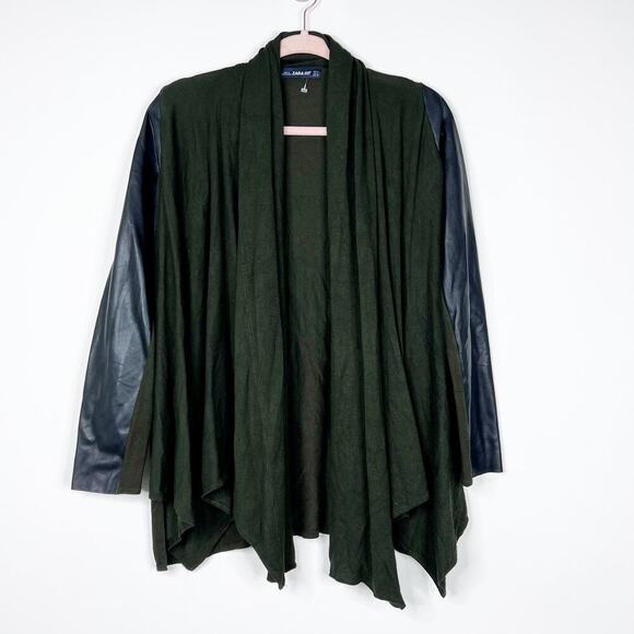 2/$30 ZARA Drapey Open Cardigan Olive Green S Black Faux Leather #5504 - Picture 1 of 9